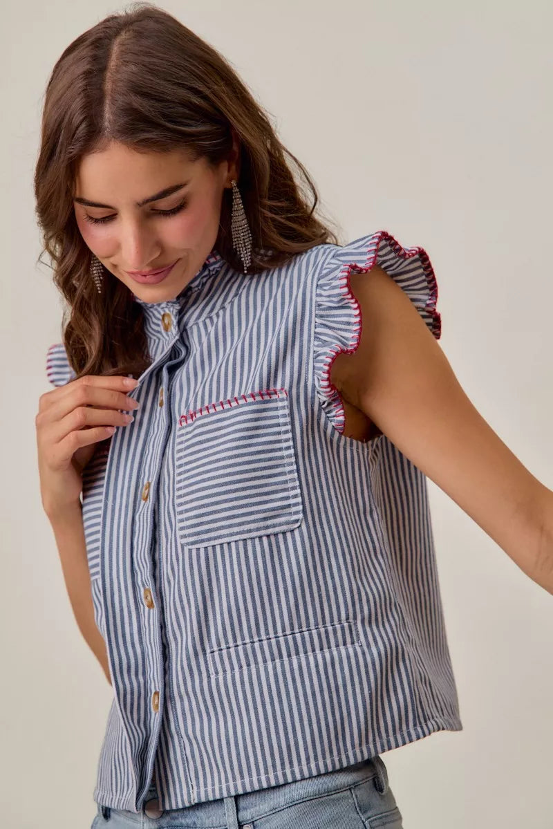 SO ME Stripe Twill Stitch Ruffled Hidden Button Vest Top - Lilixa.store