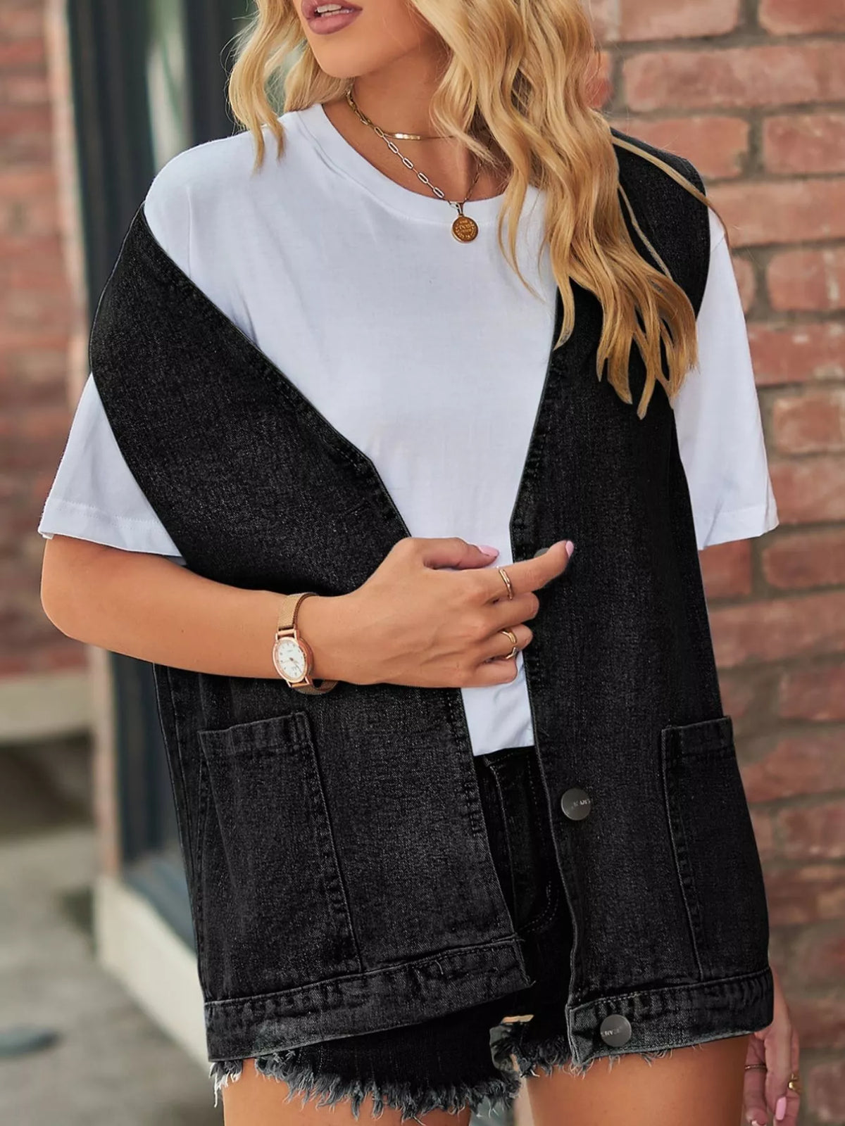 Sleeveless Button-Down Denim Jacket Vest, view 9