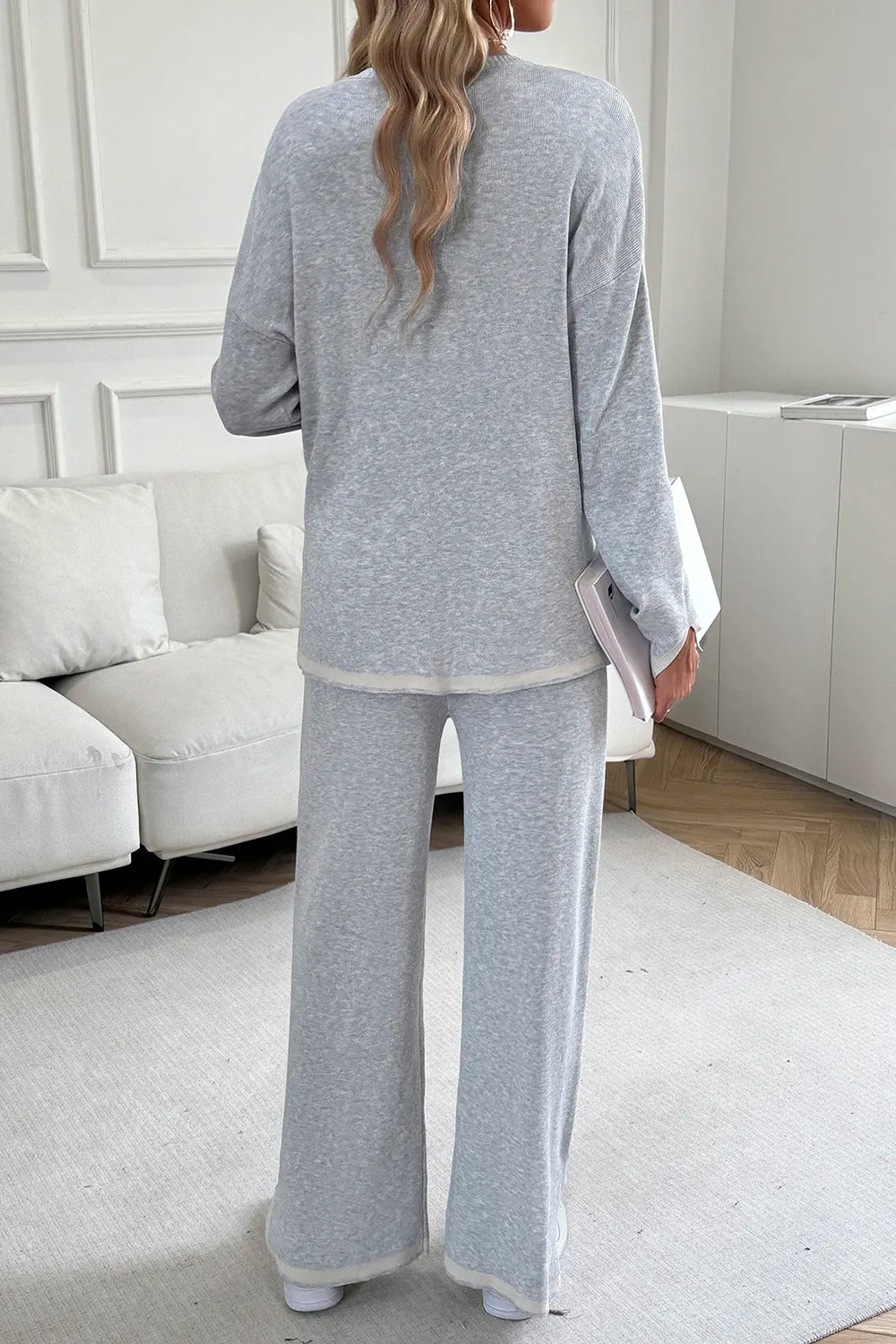 Devine Contrast Trim Round Neck Top and Pants Set - Lilixa.store