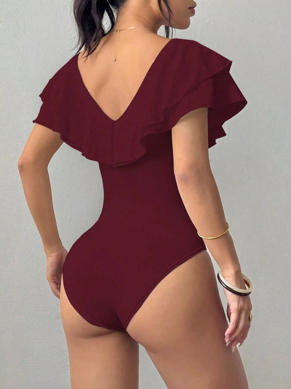Ruffle Trim V-Neck Bodysuit - Lilixa.store