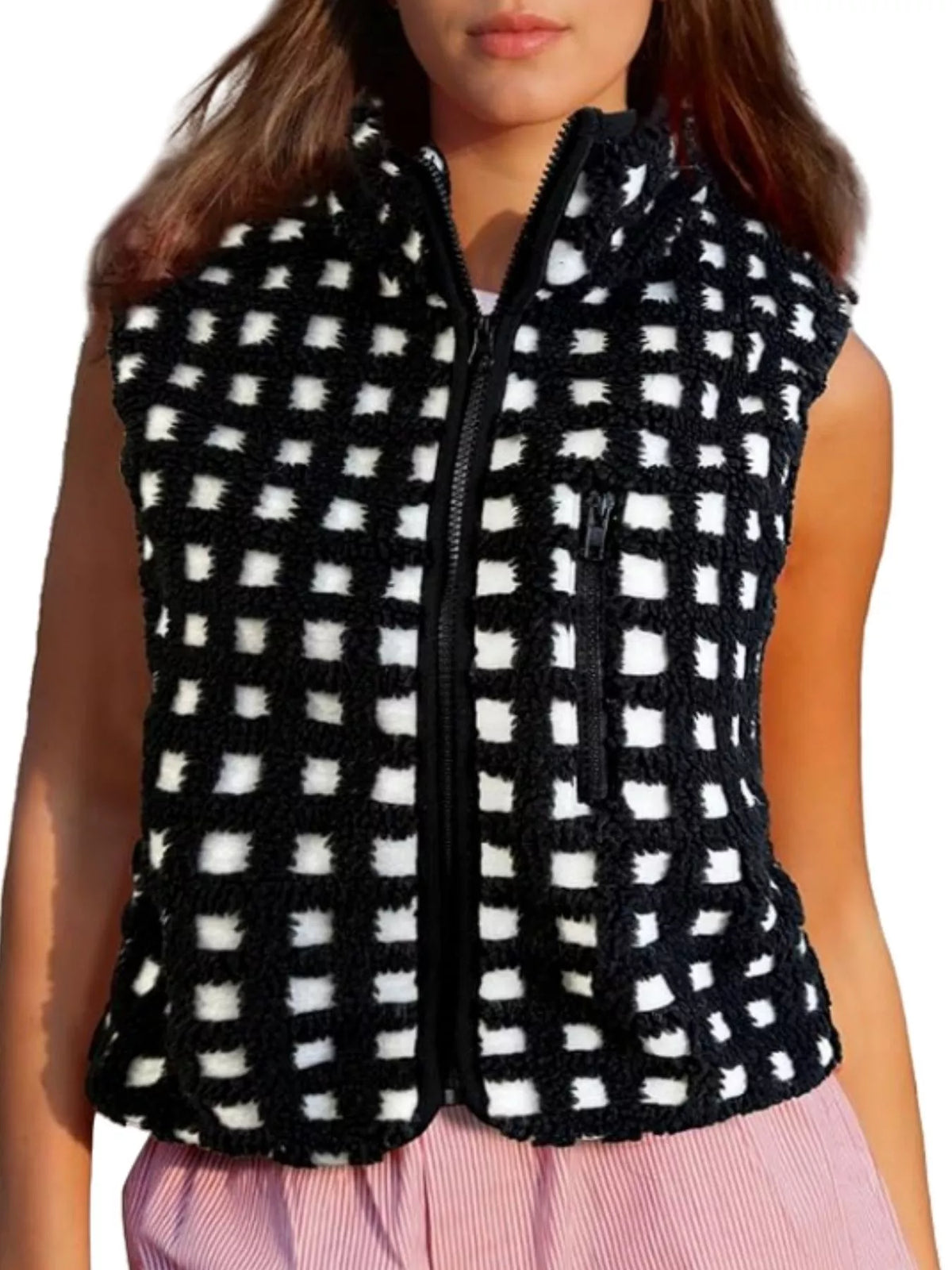 Plaid Zip Up Vest Coat - Lilixa.store