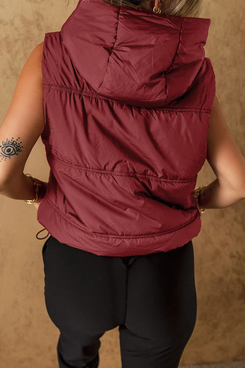 Drawstring Zip Up Hooded Vest Coat in Burgundy, view 3