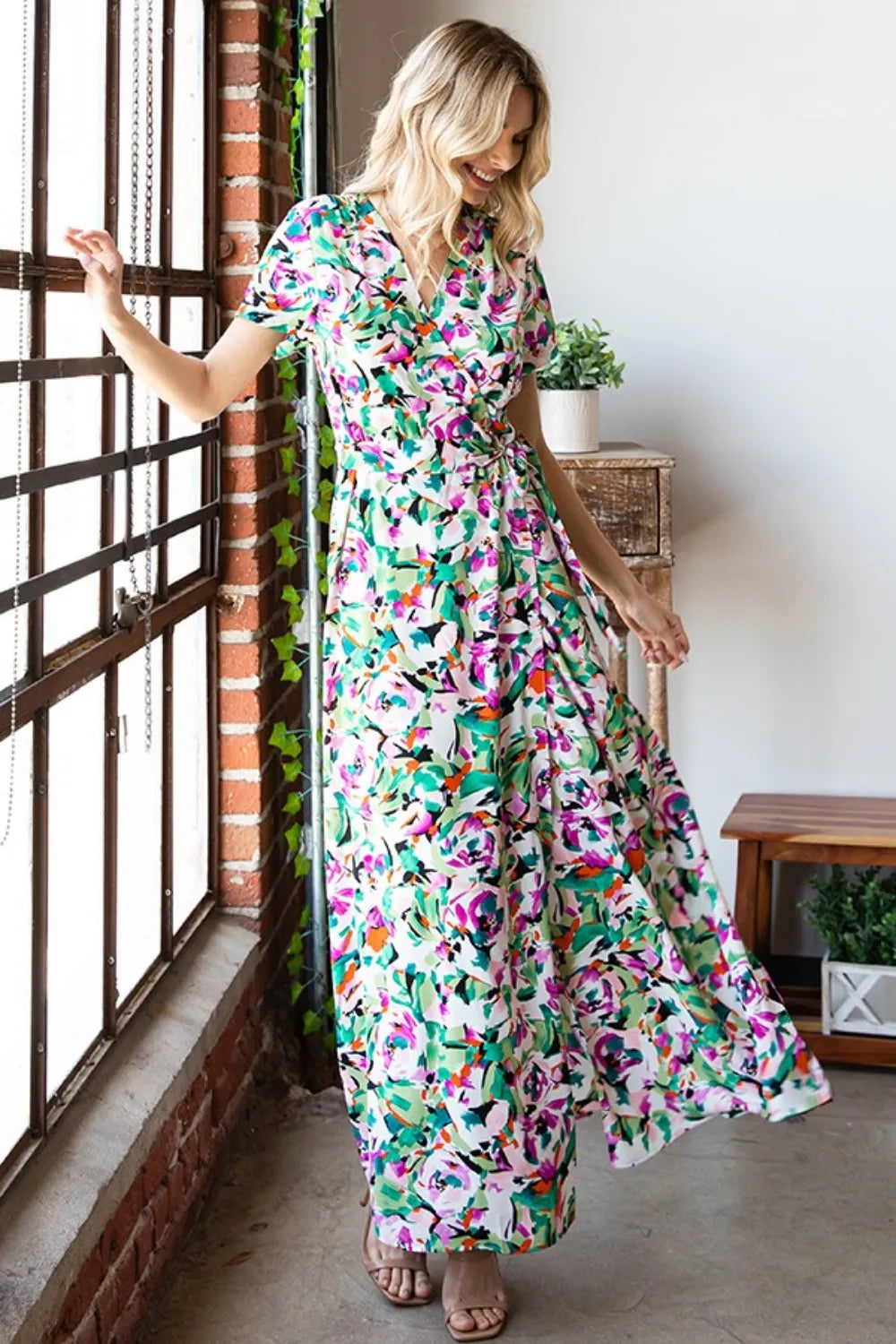 First Love Slit Printed Surplice Tie Waist Short Sleeve Dress - Lilixa.store