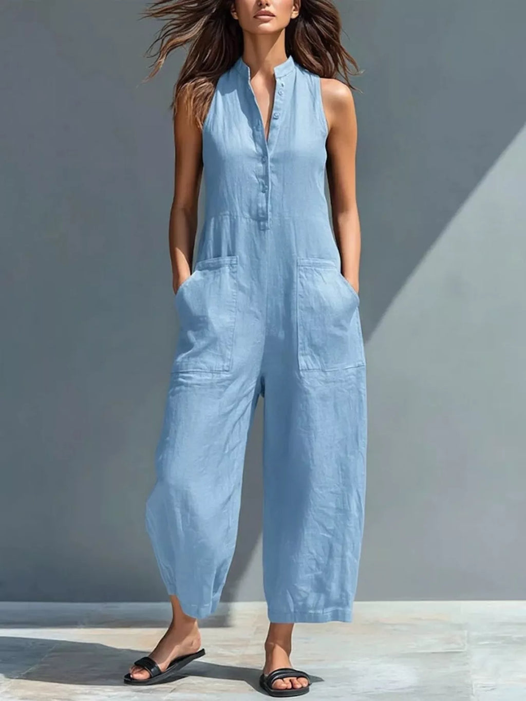 Full Size Button Front Sleeveless Jumpsuit Plus Size - Lilixa.store