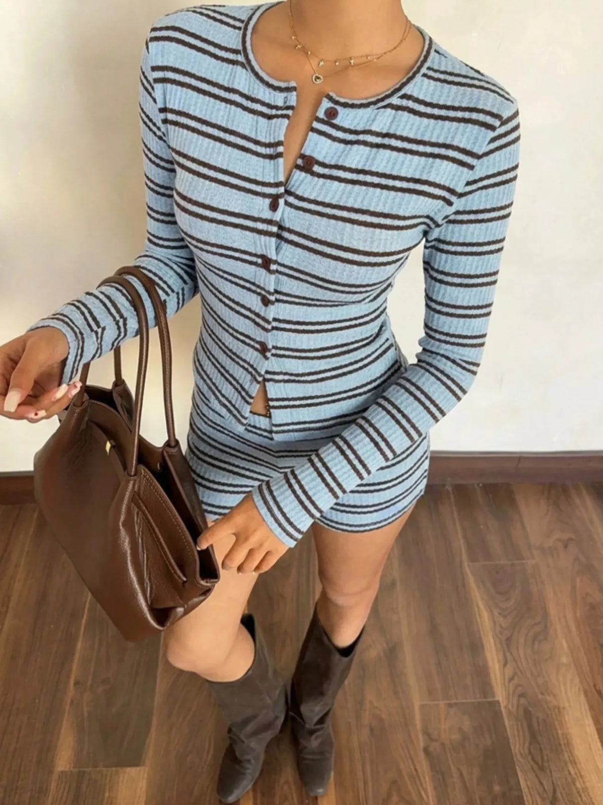 Striped Button-Down Cardigan and Shorts Set, view 5