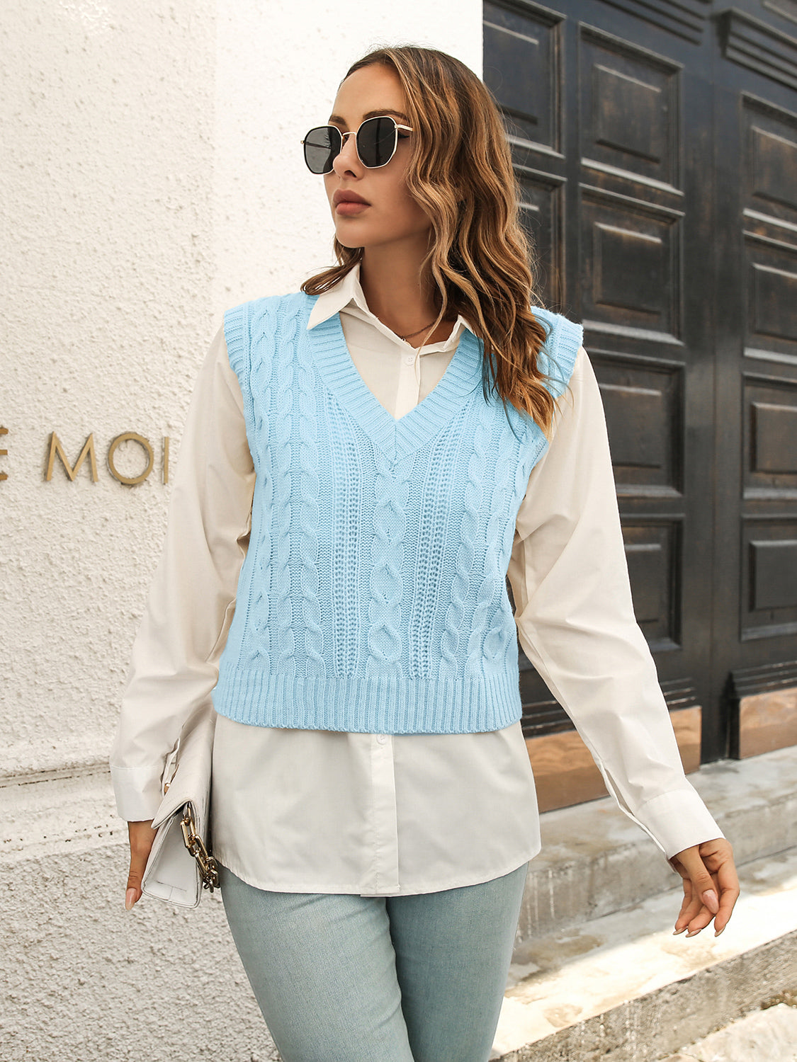 Urban Style V-Neck Sweater Vest in Pastel Blue