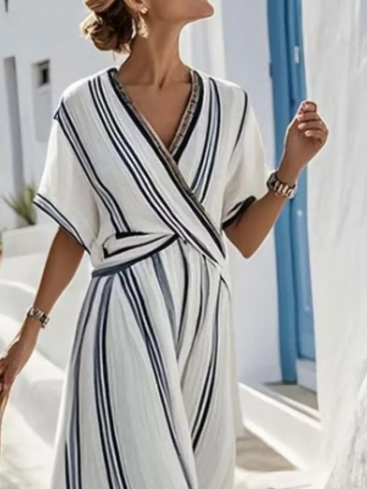 Full Size Striped Surplice Half Sleeve Midi Dress Plus Size - Lilixa.store