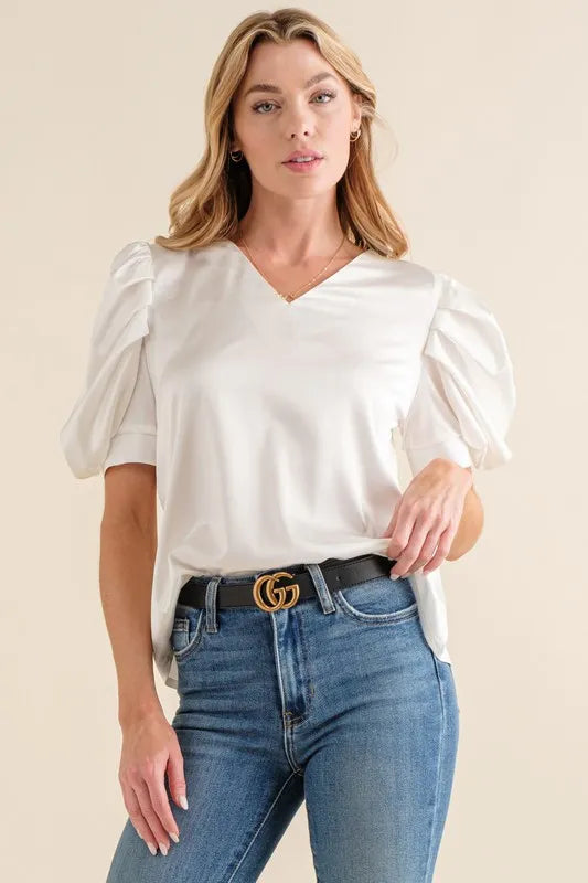 And The Why Plain Satin Puff Shirring V Neck Blouse Top in White