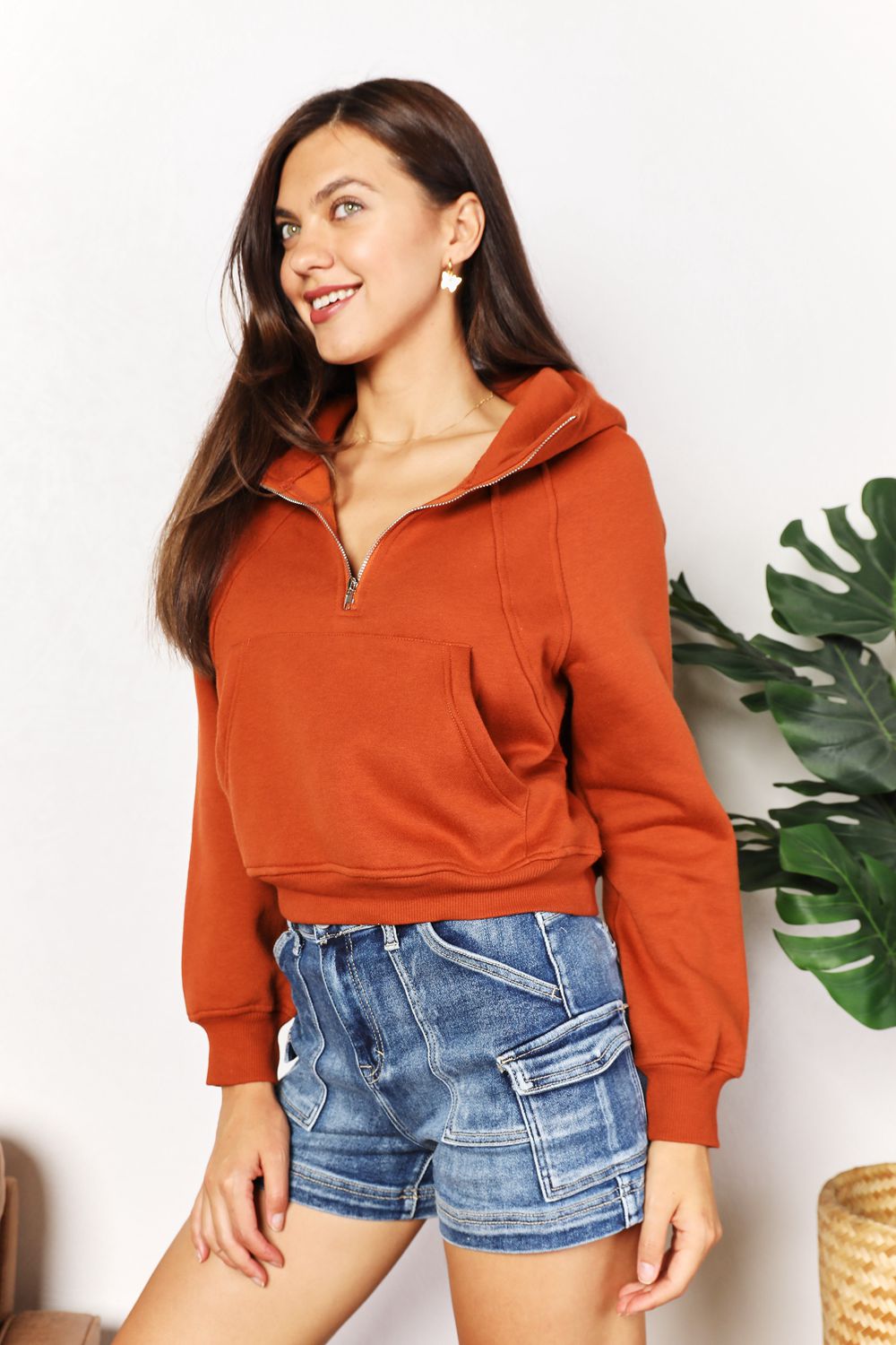 Double Take Half-Zip Long Sleeve Cropped Hoodie - Lilixa.store