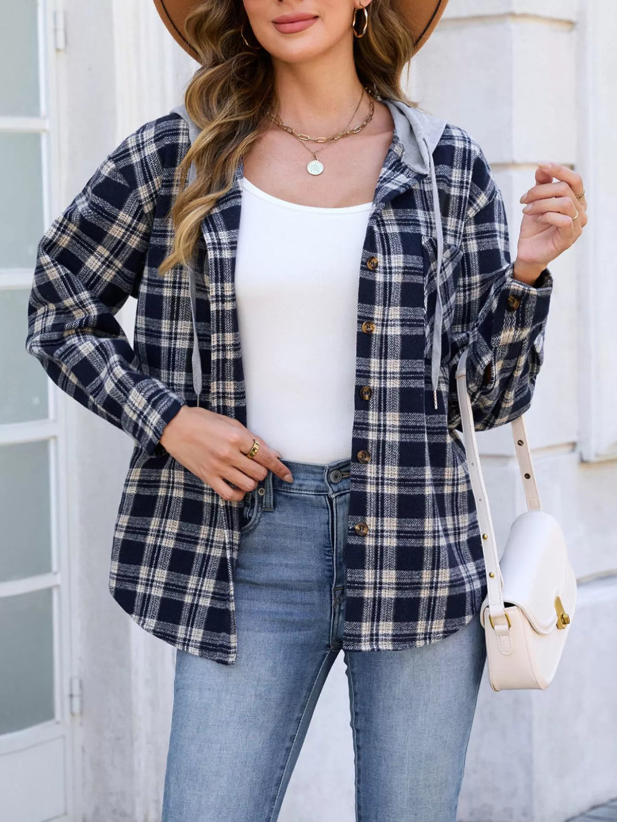 Hooded Plaid Button-Up Shacket, view 3