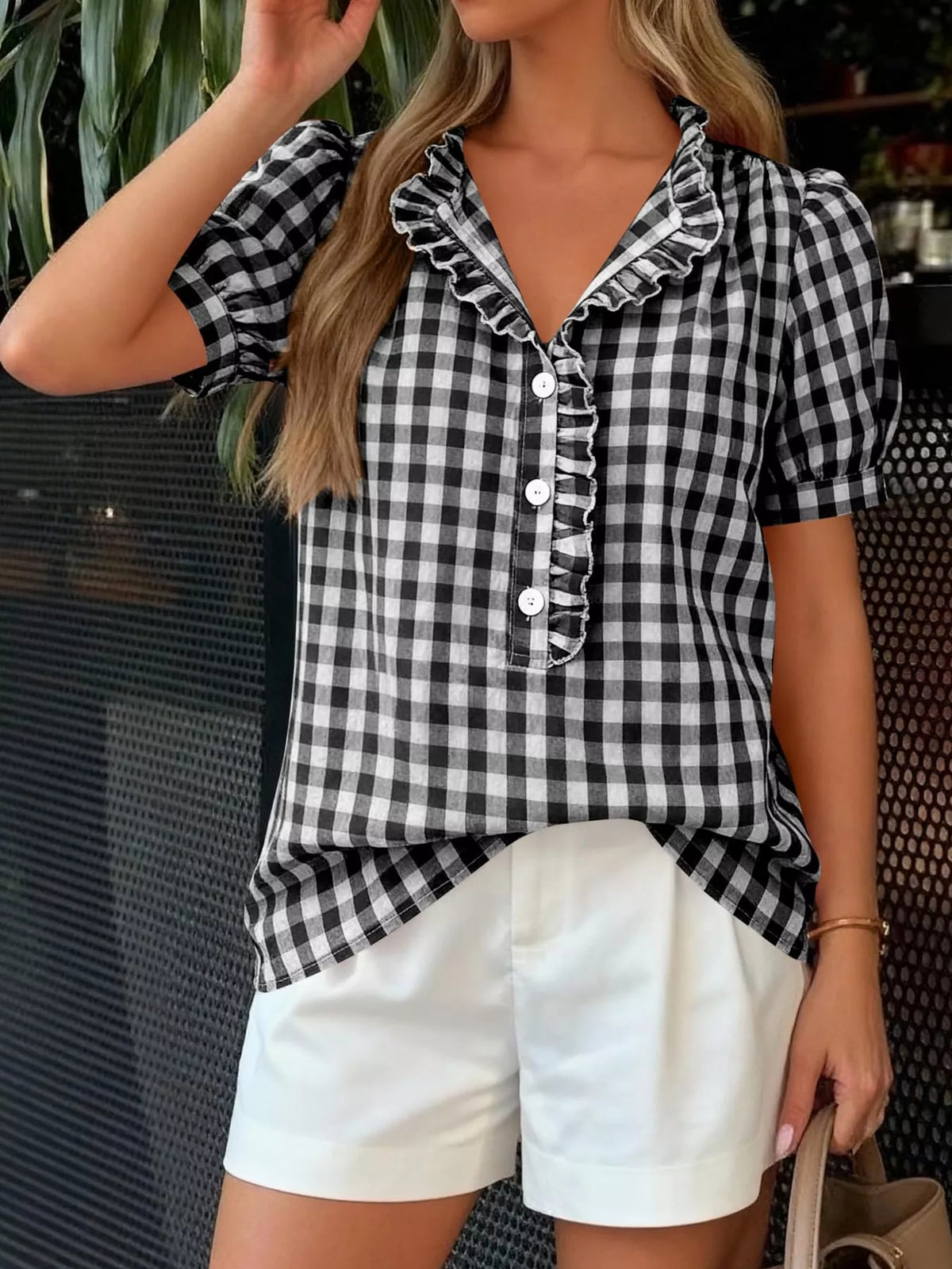 Gingham Button Front Puff Sleeve Blouse in Black