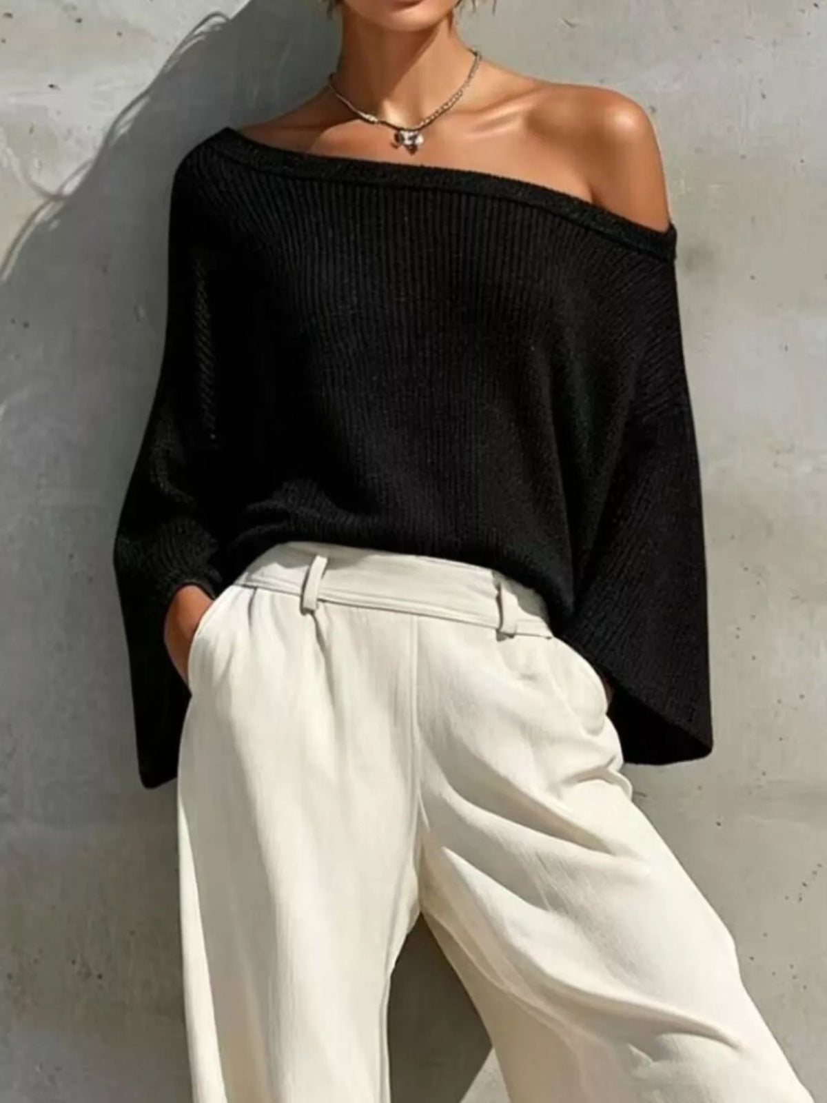 One-Shoulder Knit Top and High-Waisted Pants Set, view 5