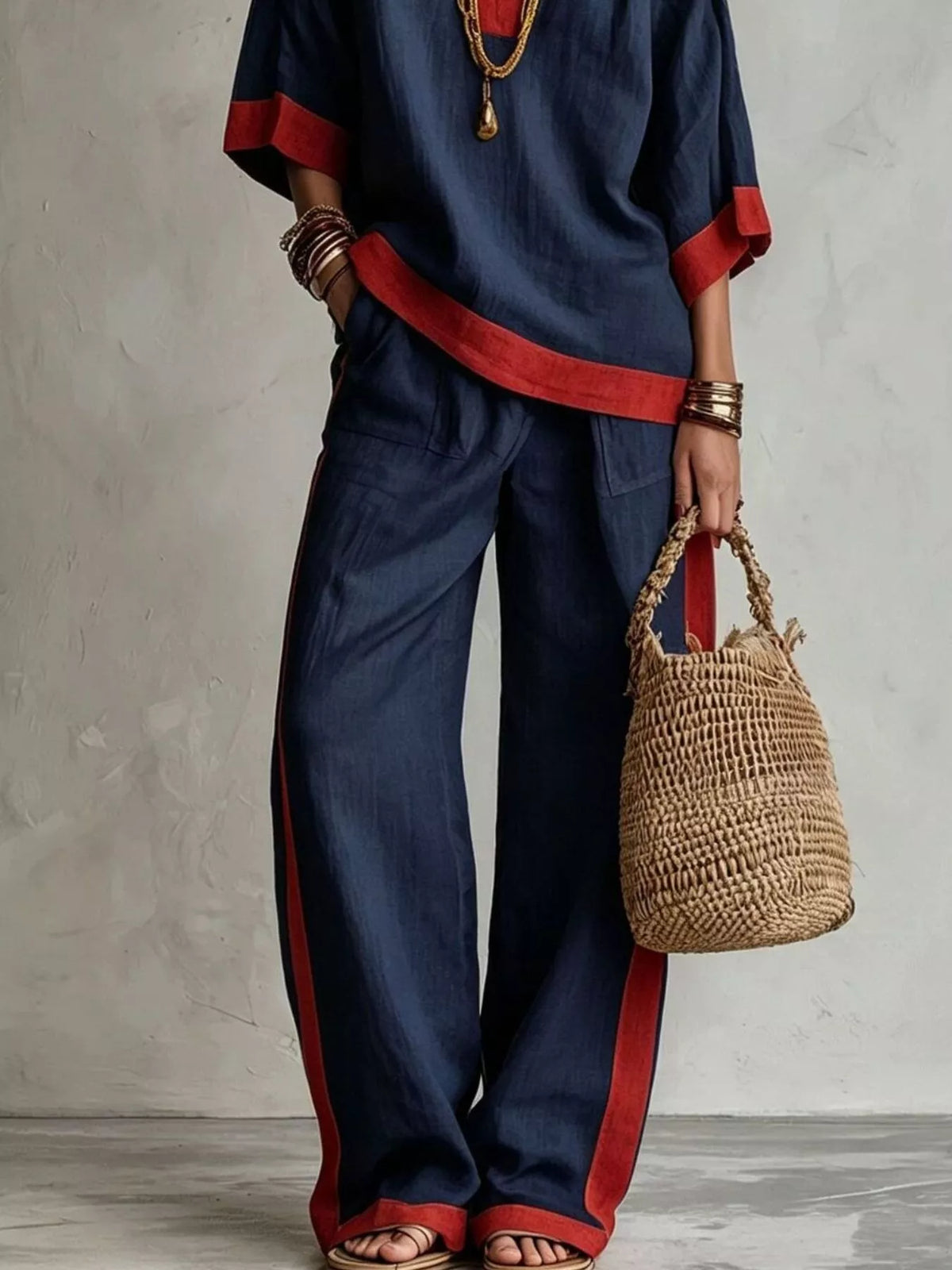 Full Size Contrast Trim Top and Wide Leg Pants Set Plus Size