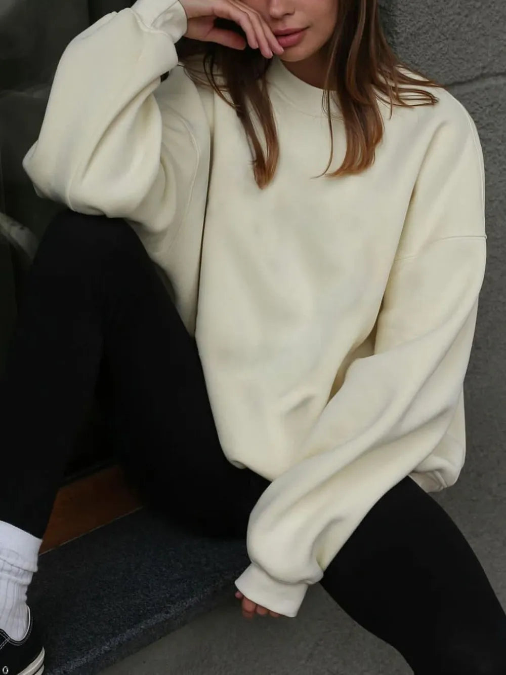 Round Neck Dropped Shoulder Long Sleeve Sweatshirt - Lilixa.store