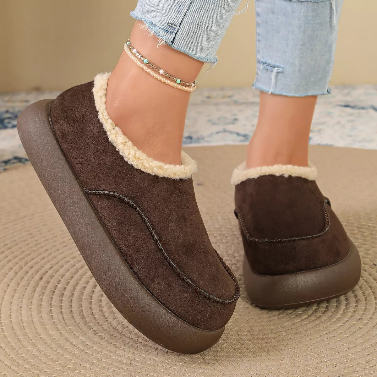 Plush-Lined Suede Platform Slip-On Boots in Coffee Brown