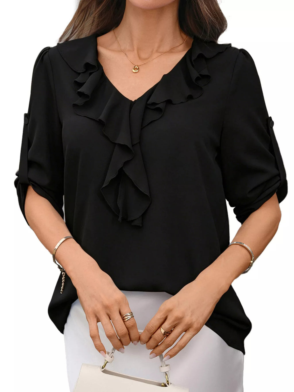 Ruffled V-Neck Roll-Up Sleeves Blouse - Lilixa.store