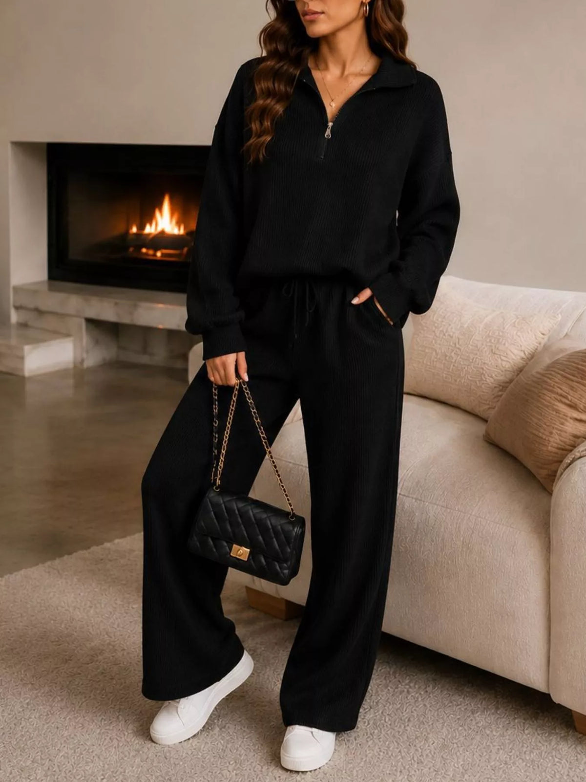 Ribbed Knit Quarter-Zip Top and Wide-Leg Pants Set in Black
