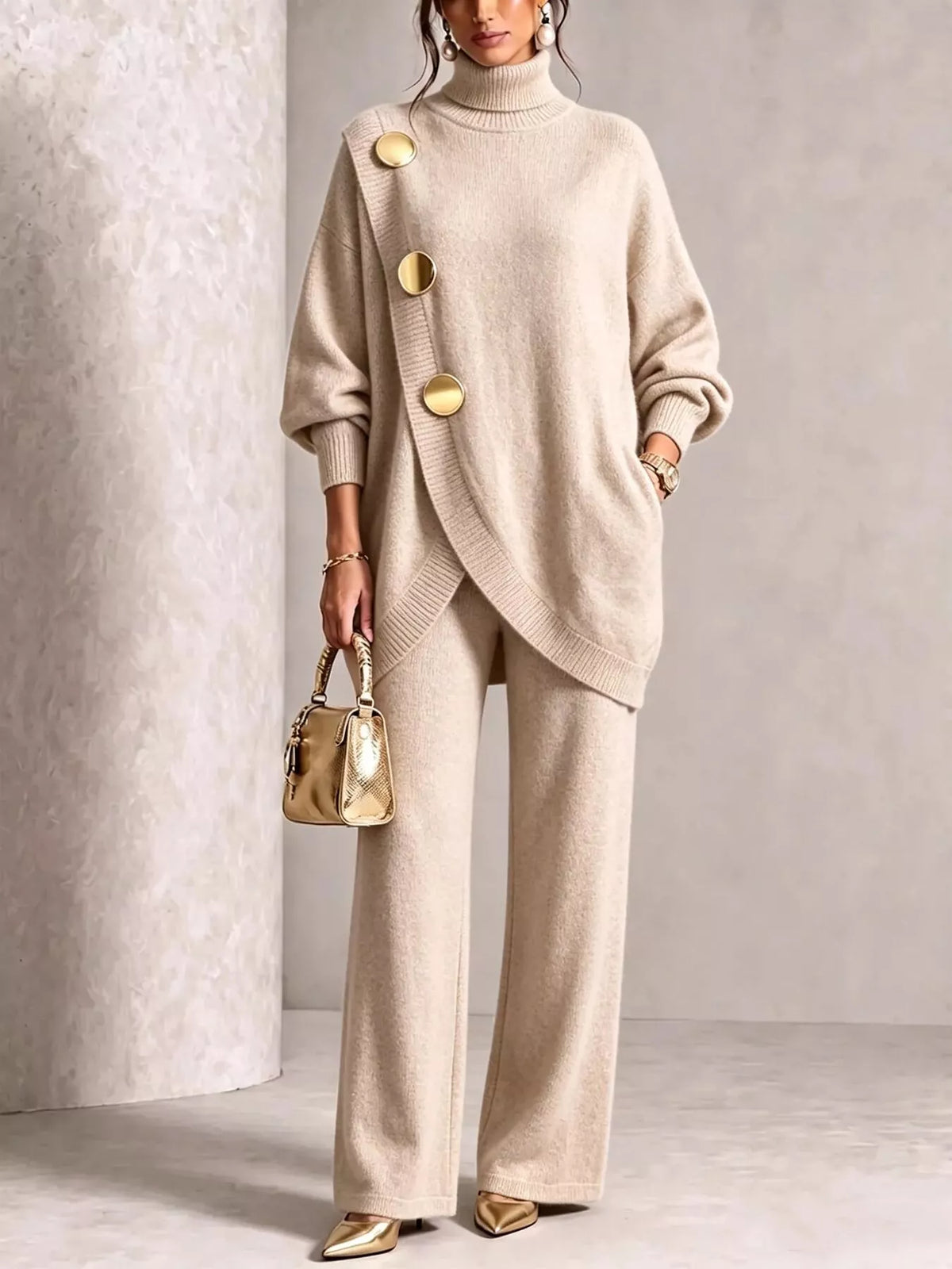 Gold Button Accent Turtleneck Sweater and Pants Set in Apricot Color