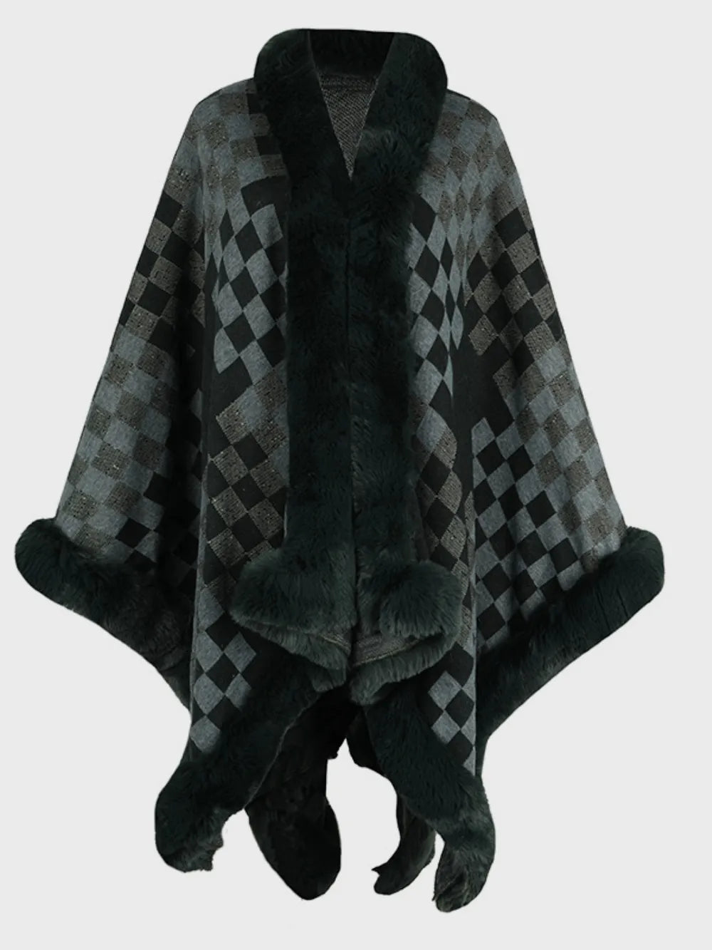 Fuzzy Checkered Long Sleeve Poncho - Lilixa.store