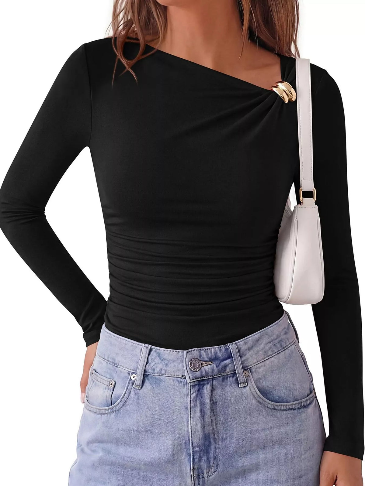 Metal Detail Long Sleeve T-Shirt - Lilixa.store