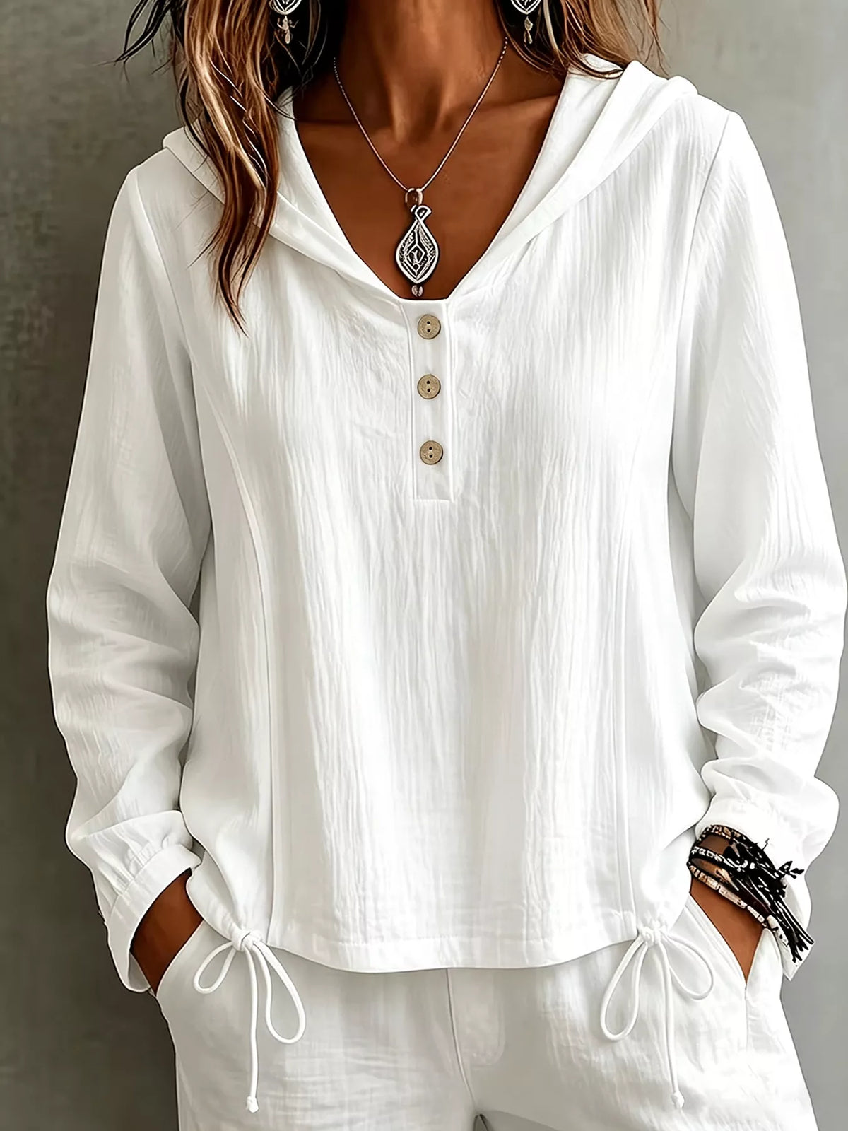Button Detail Long Sleeve Hooded Blouse in White