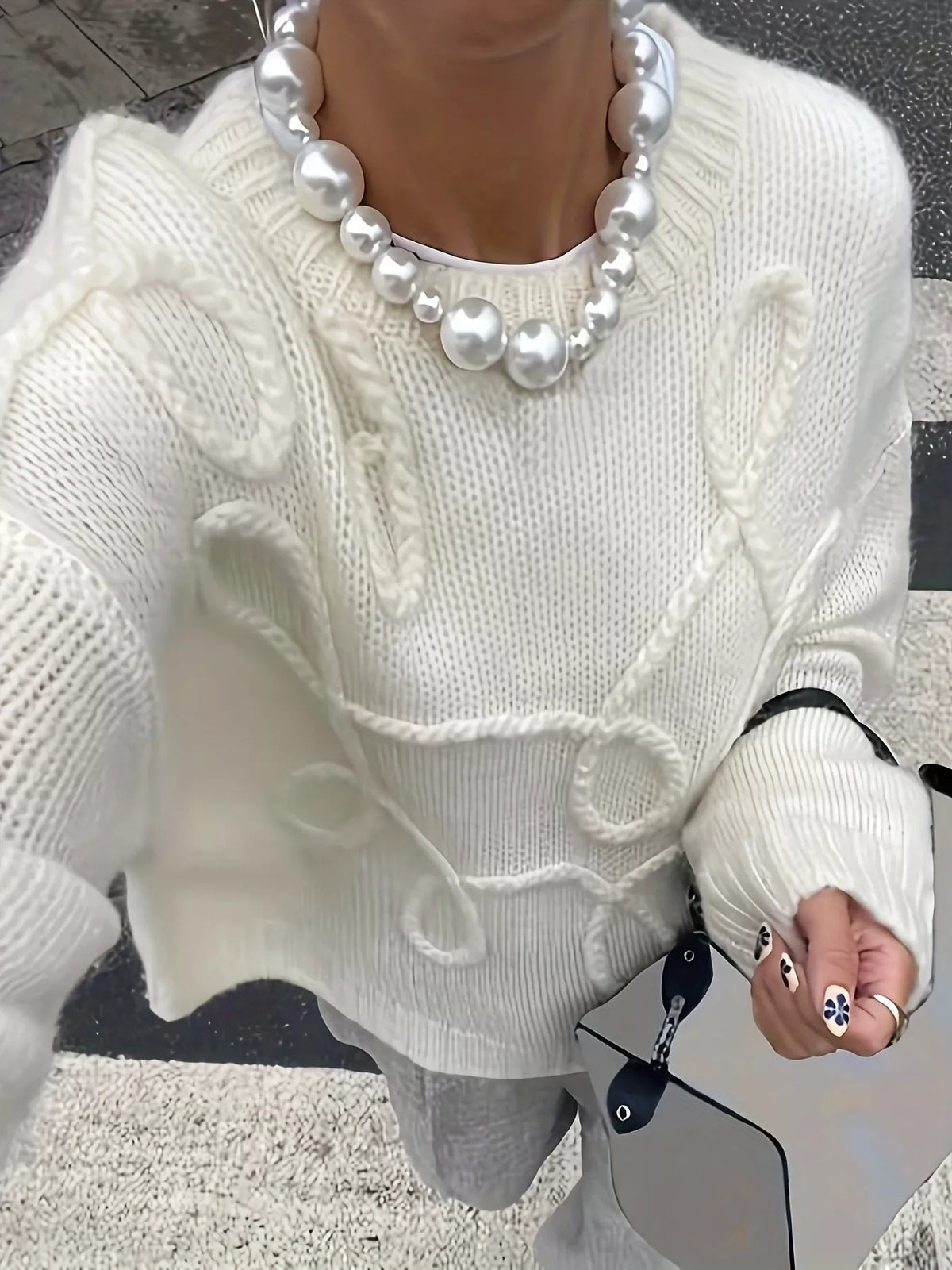 Plus Size Drop Shoulder Textured Sweater with Embossed Rope Detail in Cream, view 4