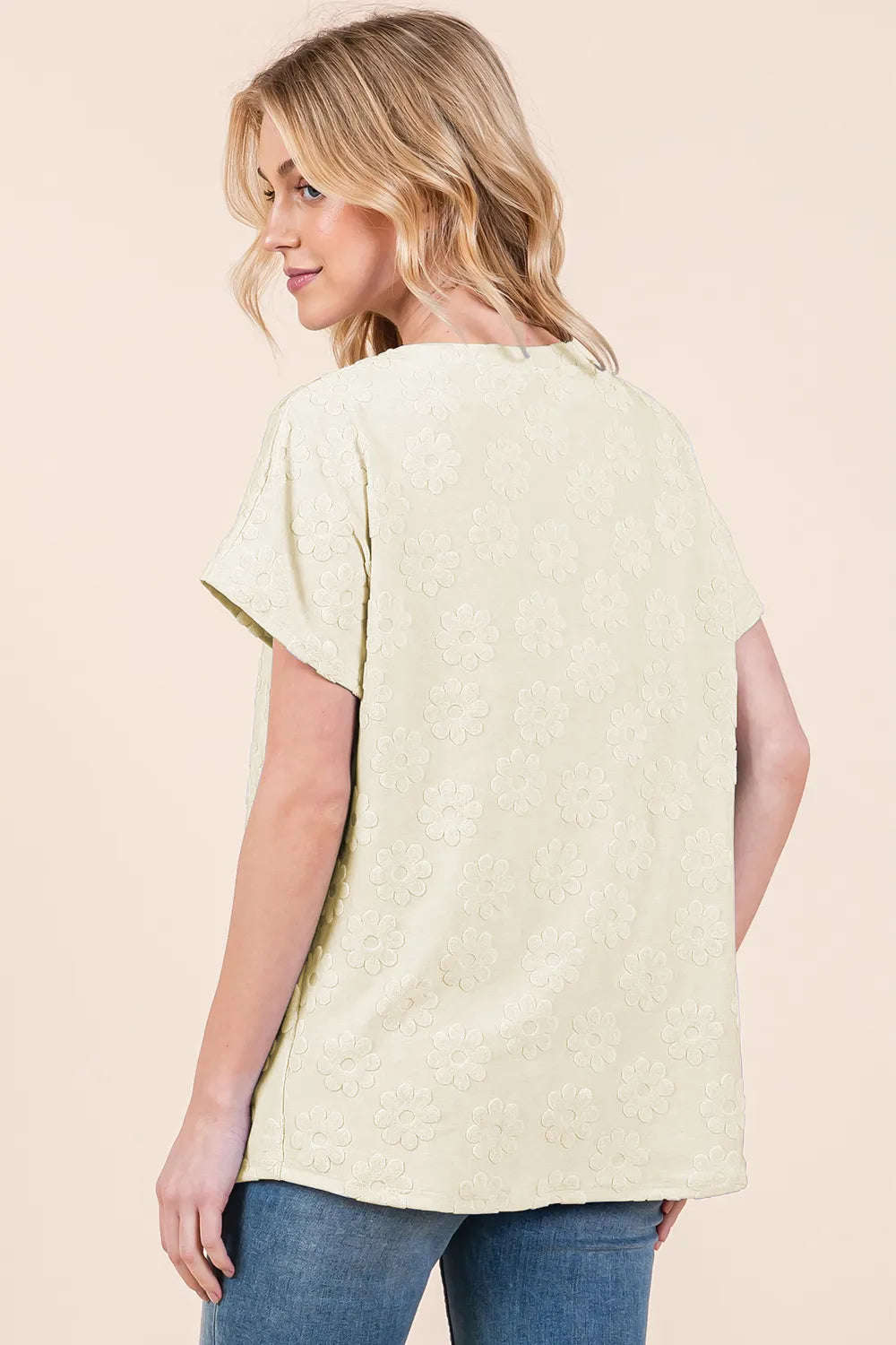 BOMBOM Textured Floral Pattern Short Sleeve T-Shirt - Lilixa.store