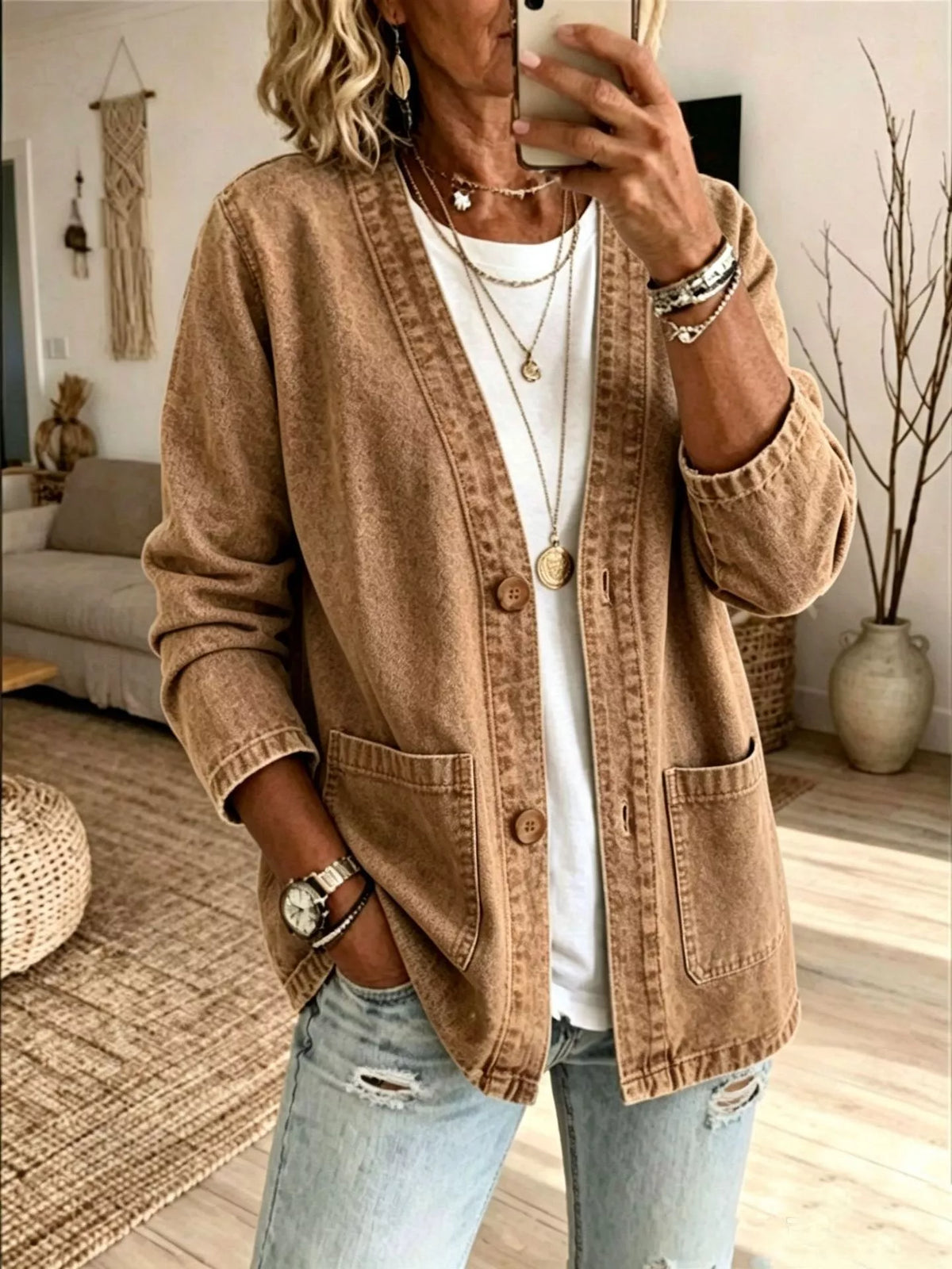 V-Neck Button-Down Denim Jacket in Camel