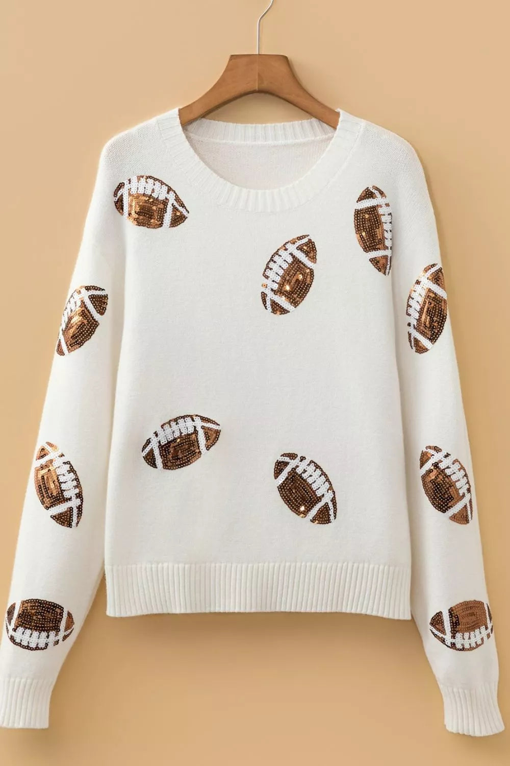 Sequin Football Print Round Neck Long Sleeve Loose Fit Sweater - Lilixa.store