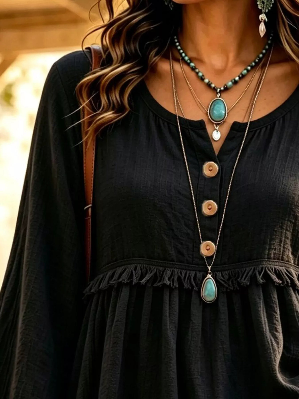Button-Down Detail Fringed Hem Blouse, view 8