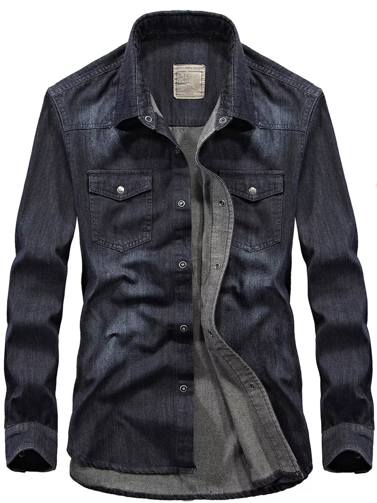 Men's Plus Size Classic Washed Denim Shirt with Double Chest Pockets - Lilixa.store