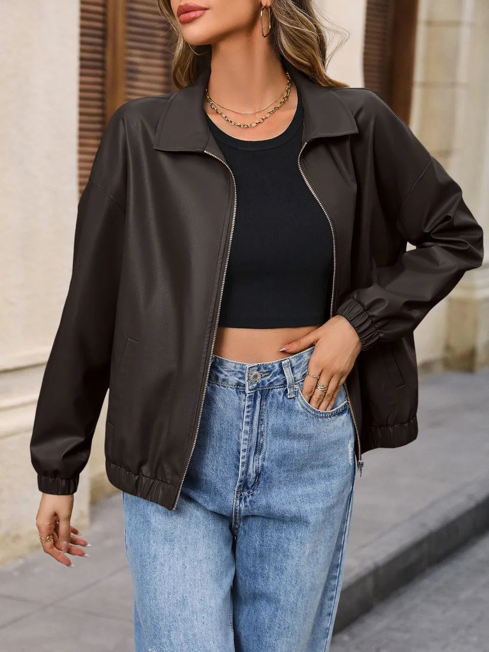 Ivy Lane Zip Up Dropped Shoulder Jacket in Chocolate