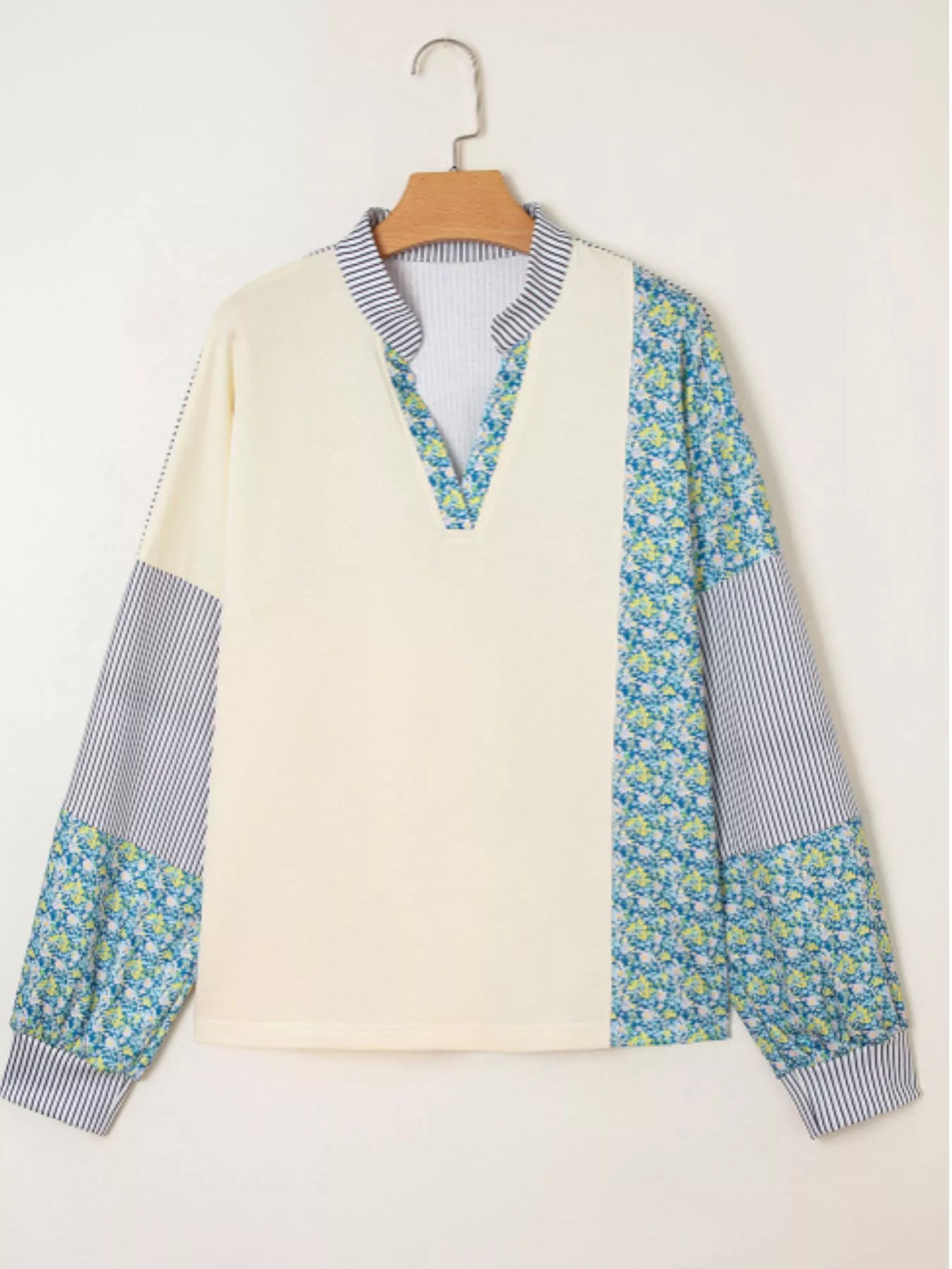 Floral Striped Drop Sleeve Collared Boxy Fit Sweatshirt - Lilixa.store