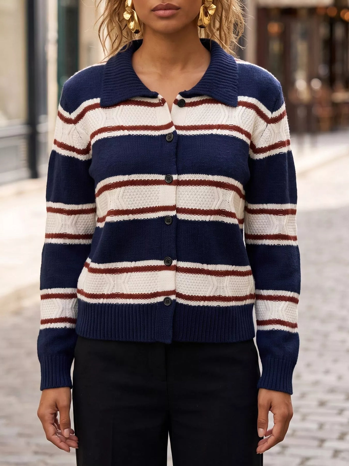 Vintage-Inspired Striped Knit Cardigan with Polo Collar in Navy Blue