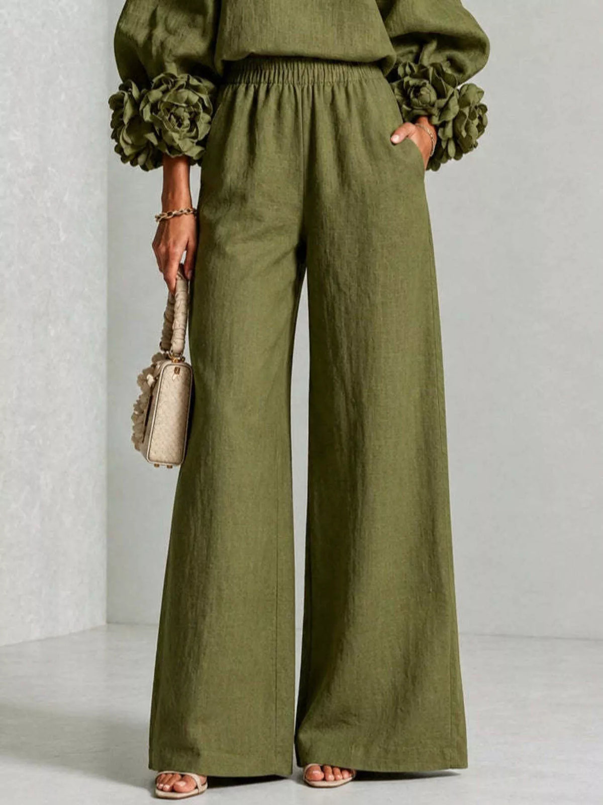 Full Size Floral Cuffs Top and Wide Leg Pants Set Plus Size