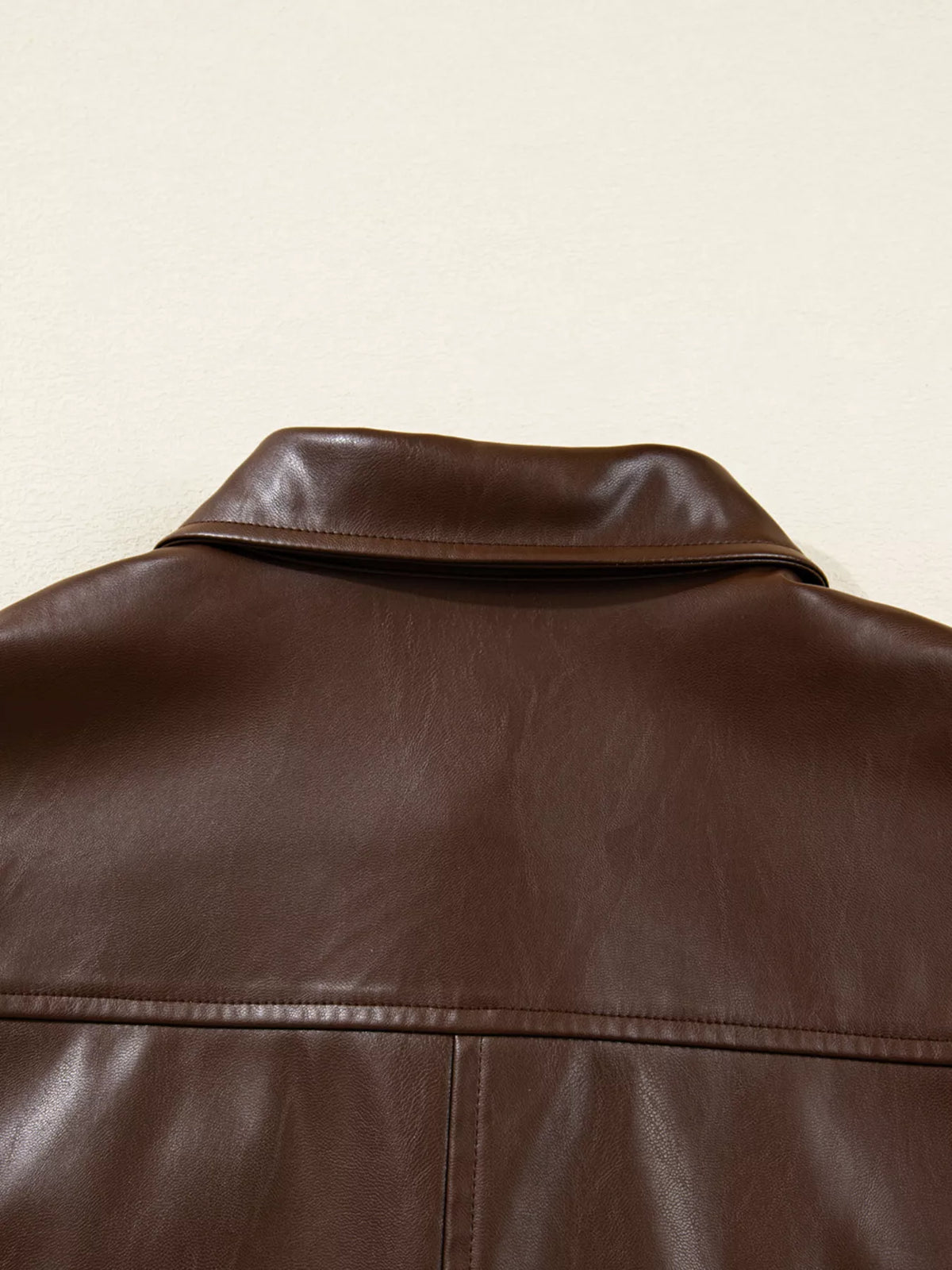 Double Flap Pocket Drawstring Hem Leather Jacket in Dark Brown, view 18