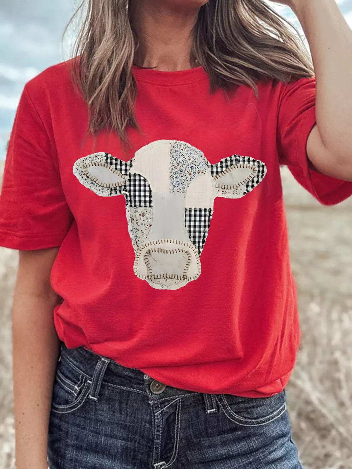 Western Patchwork Cow Print Round Neck Casual T Shirt - Lilixa.store
