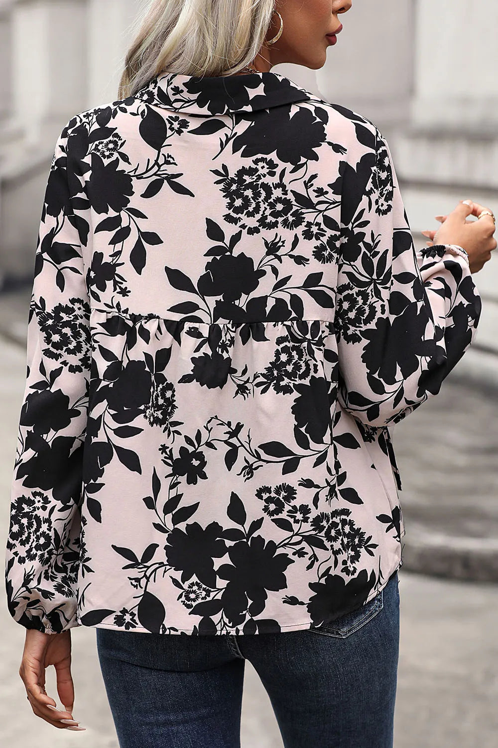 Perfee Printed Tie Neck Balloon Sleeve Blouse - Lilixa.store