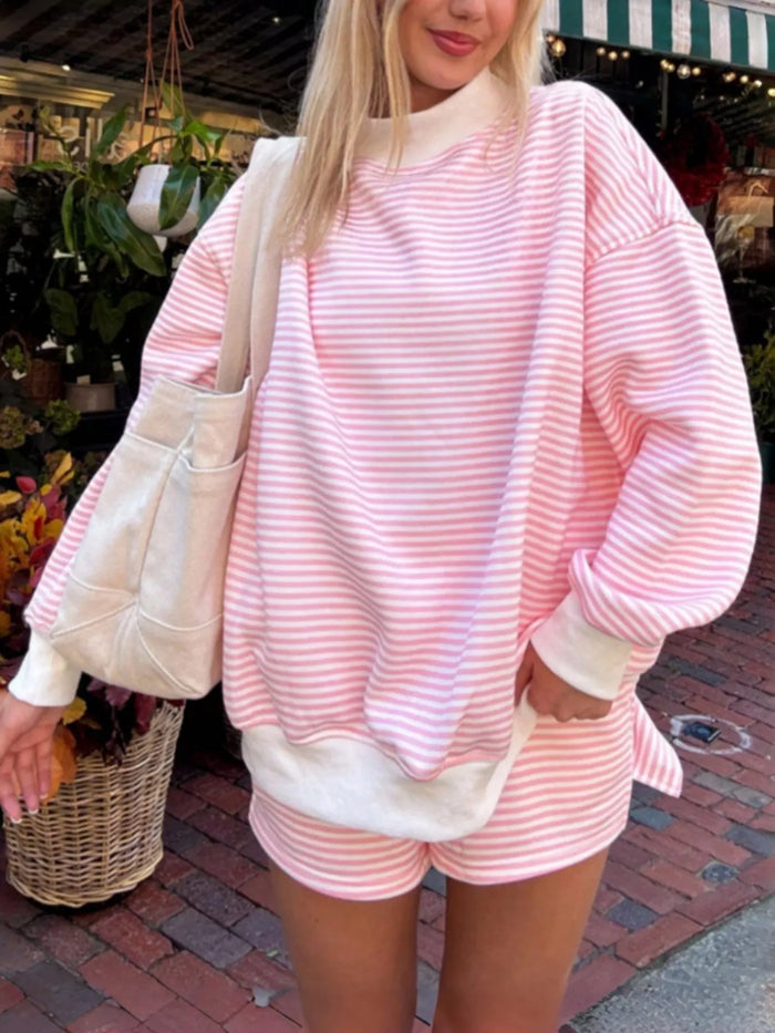 Striped Oversized Sweatshirt and Shorts Set in Pink