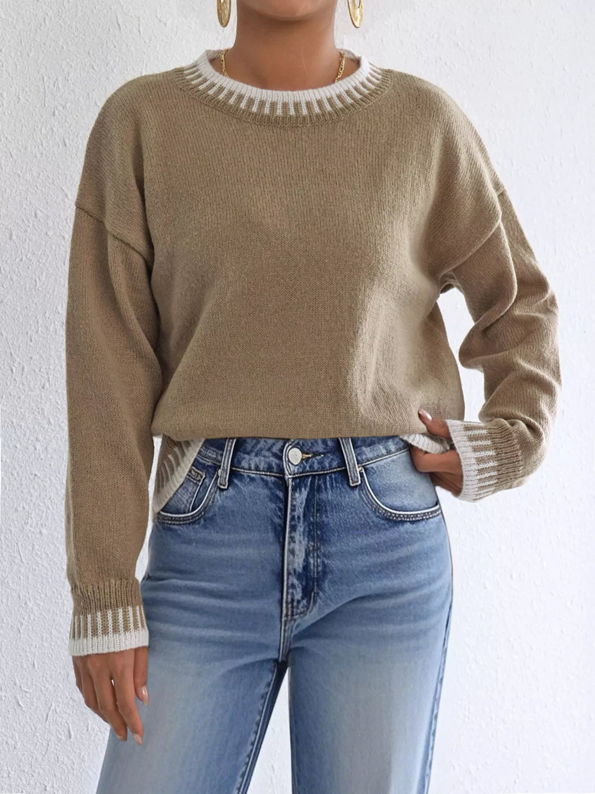 Contrast Trim Crew Neck Drop Shoulder Sweater - Lilixa.store