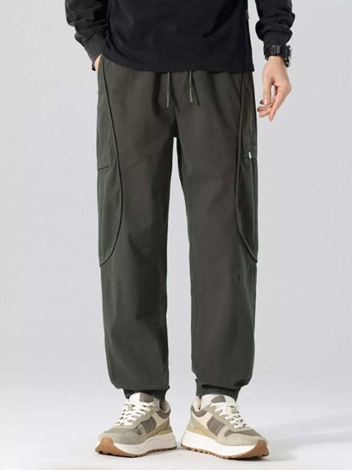 Men's Full Size Drawstring Loose Fit Joggers Plus Size in Military Green