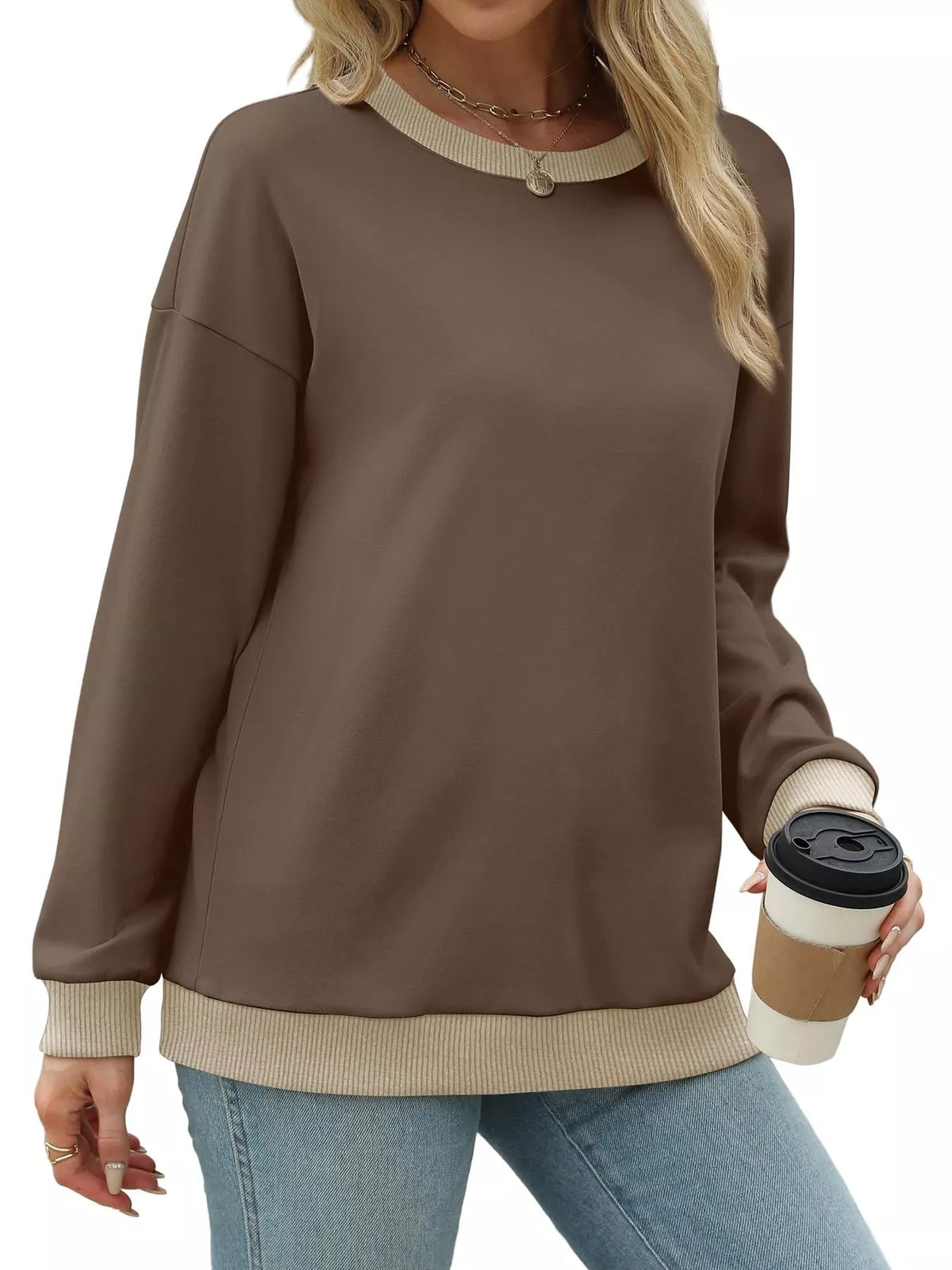 Contrast Trim Crew Neck Casual Sweatshirt - Lilixa.store