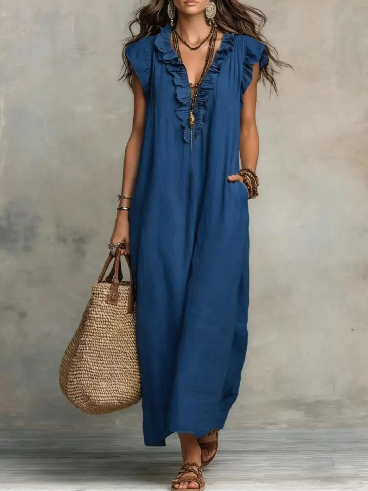 Full Size Ruffled V-Neck Cap Sleeve Maxi Dress Plus Size - Lilixa.store