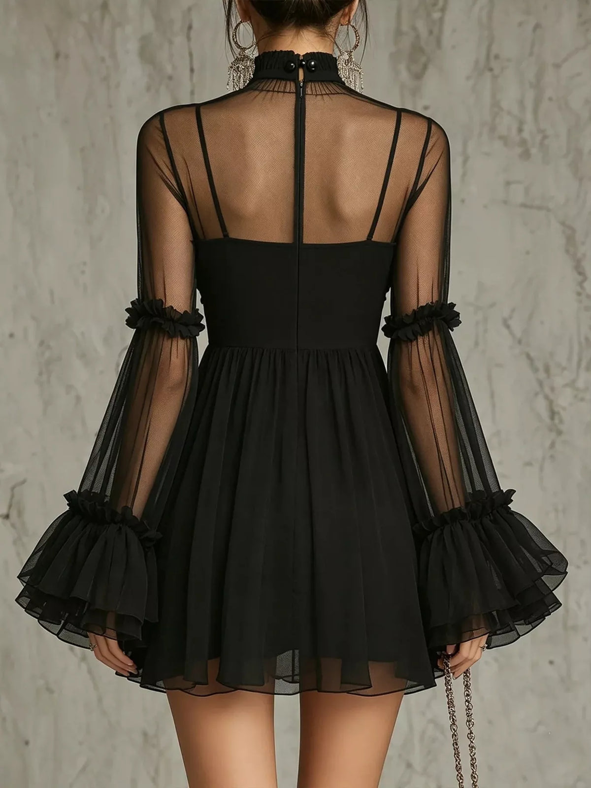 Sheer Mesh Flare Sleeve Mini Dress in Black, view 2