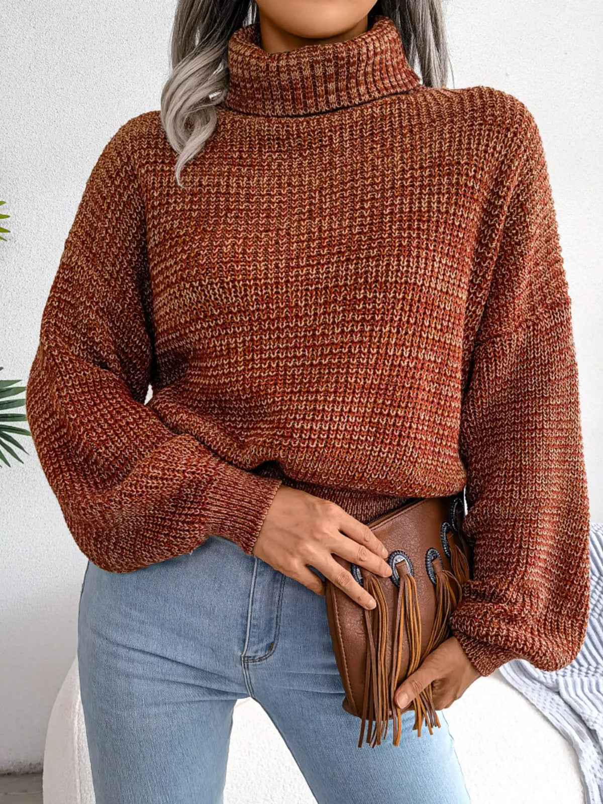 Turtleneck Dropped Shoulder Sweater - Lilixa.store