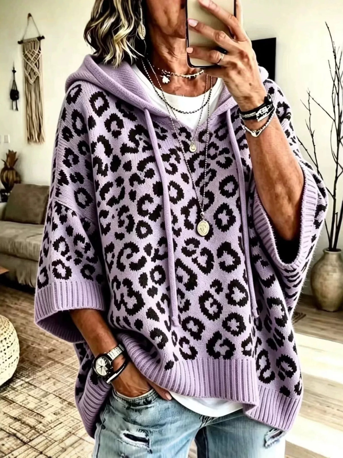 Leopard Print Hooded Knit Sweater in Purple