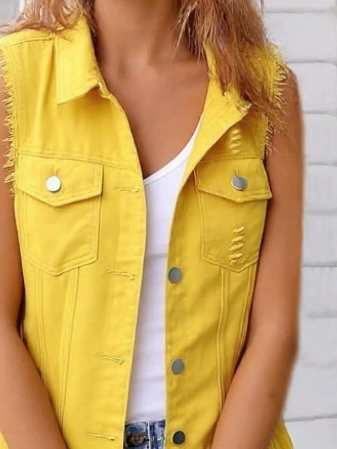 Full Size Sleeveless Frayed Denim Vest Jacket Plus Size, view 9