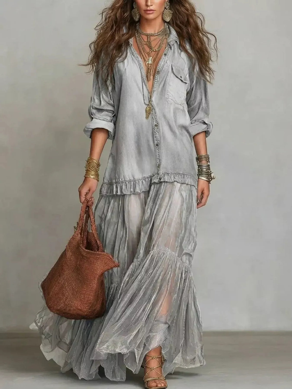 Full Size Tiered Long Sleeve Denim Shirt Maxi Dress Plus Size - Lilixa.store