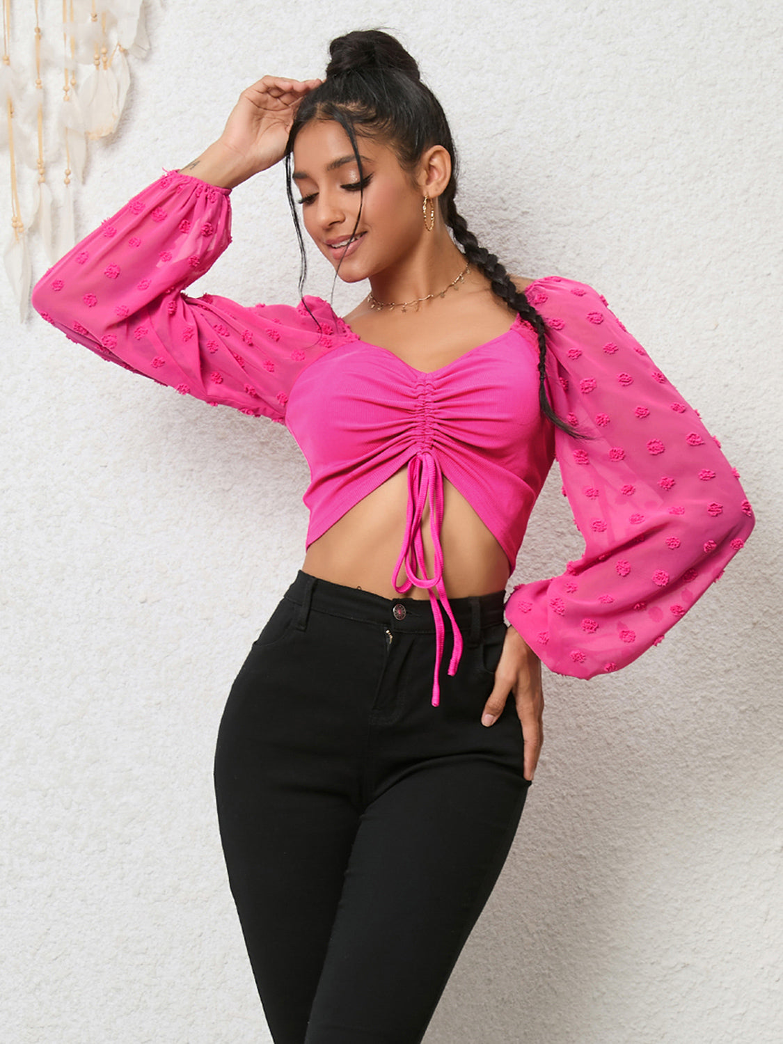 Swiss Dot Drawstring Cropped Blouse in Hot Pink, view 3