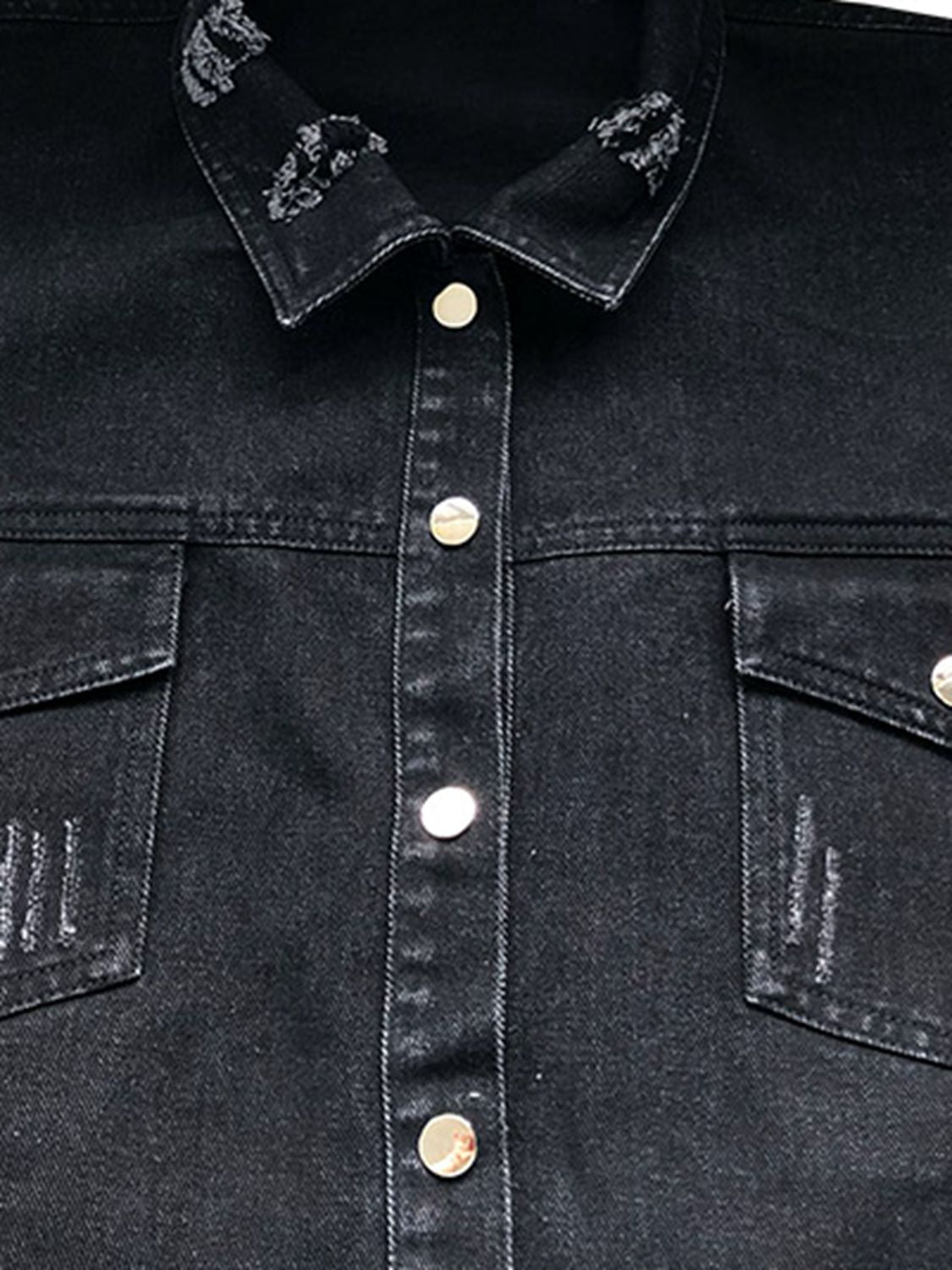 Raw Hem Collared Neck Long Sleeve Denim Jacket in Black, view 9
